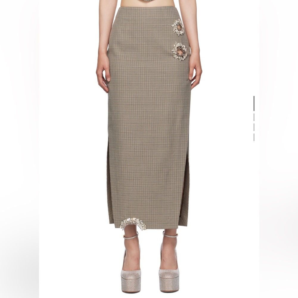 NWT AREA Brown Distressed Crystal Midi Skirt